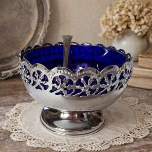 Vintage Celtic Silver Plated Open Serving Bowl w Spoon Blue Glass Liner England